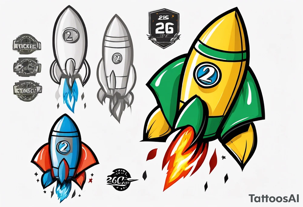Simple cartoon rocket in green, gray, yellow, blue

Fire coming out the rocket

Black ring around the rocket with "26.2" written at the 10 o'clock position tattoo idea