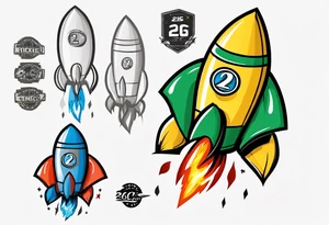 Simple cartoon rocket in green, gray, yellow, blue

Fire coming out the rocket

Black ring around the rocket with "26.2" written at the 10 o'clock position tattoo idea