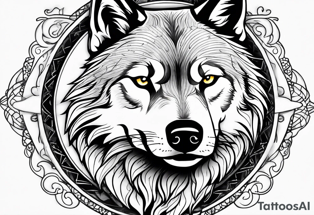 Wolf face over toddle face with compass tattoo idea