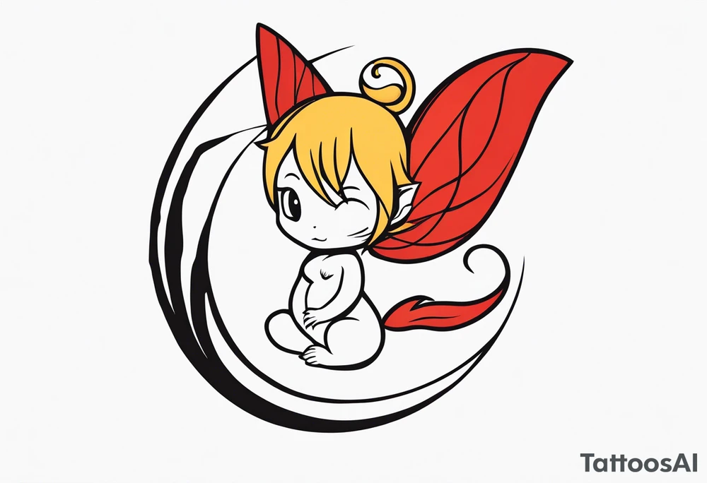 A fairy with a tail inspired by the logo of the show called Fairy Tail in a fetal position leaning in tattoo idea
