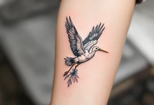 A stork in flight with a blue or pink bundle symbolizes birth and a mother’s journey beginning. tattoo idea
