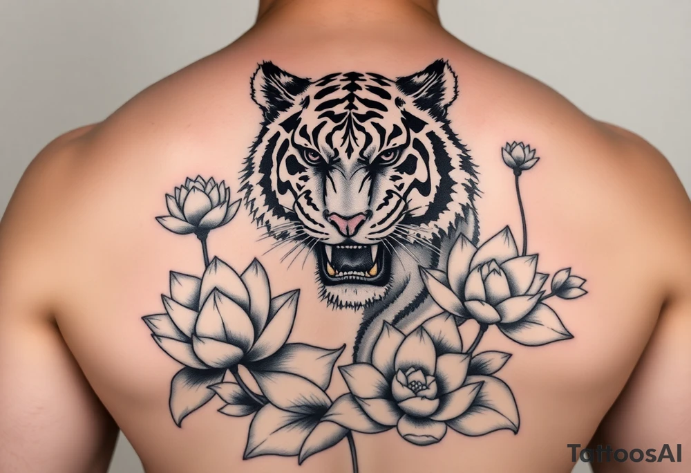 fierce tiger emerging through blooming lotus flowers in mist tattoo idea