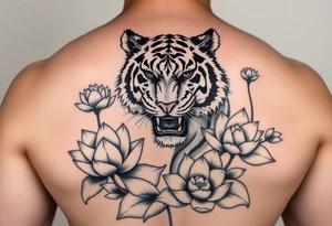 fierce tiger emerging through blooming lotus flowers in mist tattoo idea