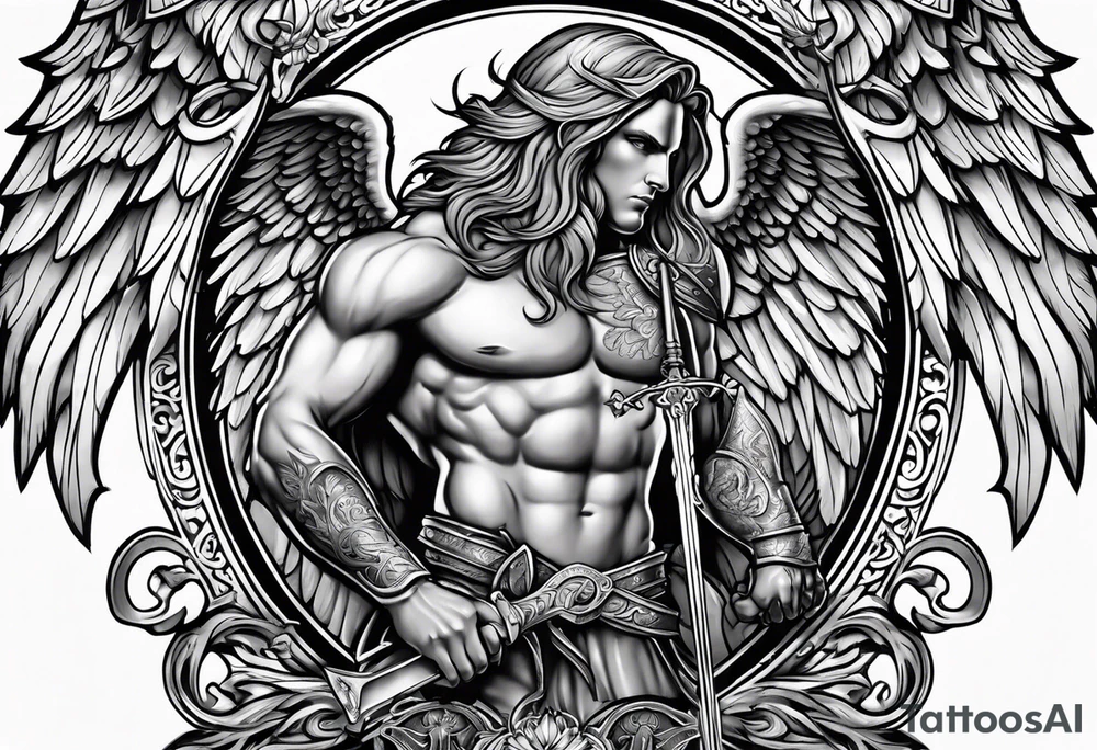 Male American guardian angel with a sword and possessed angel from hell combined together tattoo idea