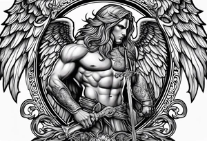 Male American guardian angel with a sword and possessed angel from hell combined together tattoo idea