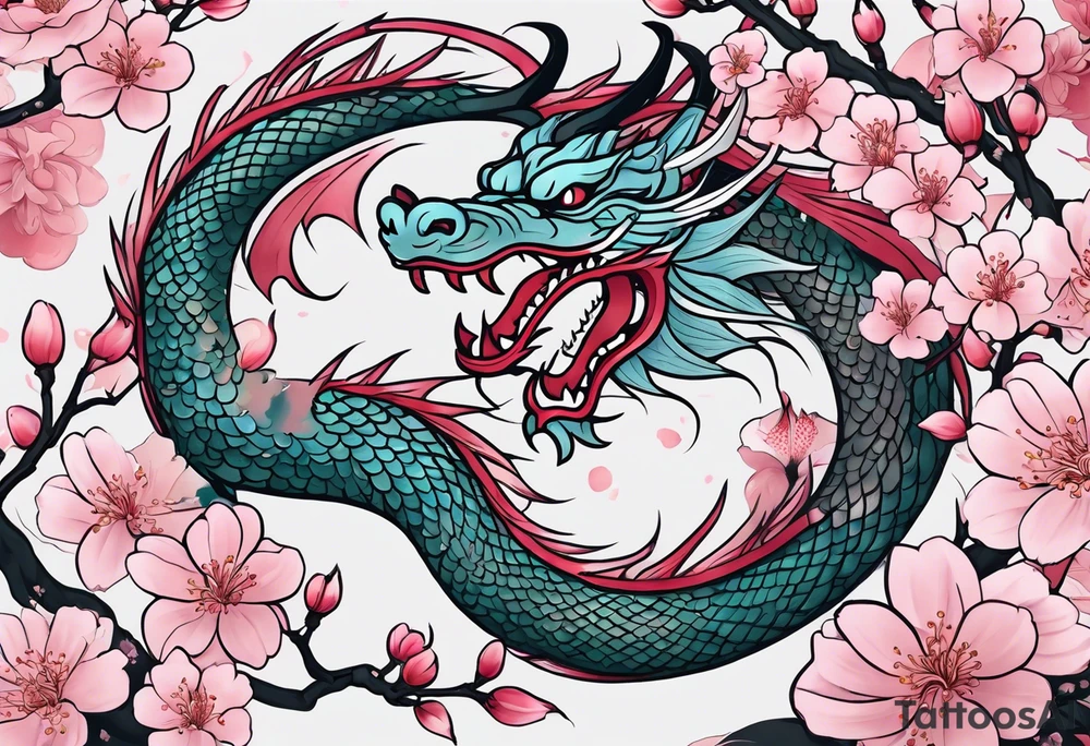 Delicate feminine simple dragon intertwined in cherry blossom, soft lines, soft dragon, pleasant dragon, beautiful cherry blossom tattoo idea