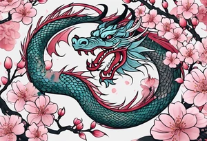 Delicate feminine simple dragon intertwined in cherry blossom, soft lines, soft dragon, pleasant dragon, beautiful cherry blossom tattoo idea