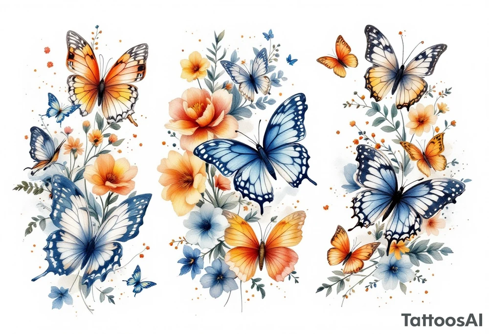 Different butterflies in many sizes with flowers tattoo idea