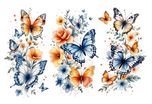 Different butterflies in many sizes with flowers tattoo idea