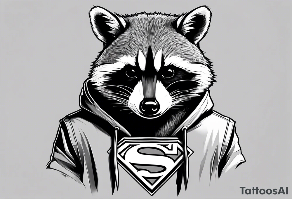 raccoon wearing a Superman hoodie tattoo idea