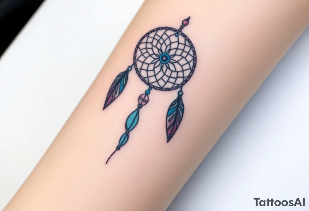 native dreamcatcher with flowing feathers and sacred beads tattoo idea
