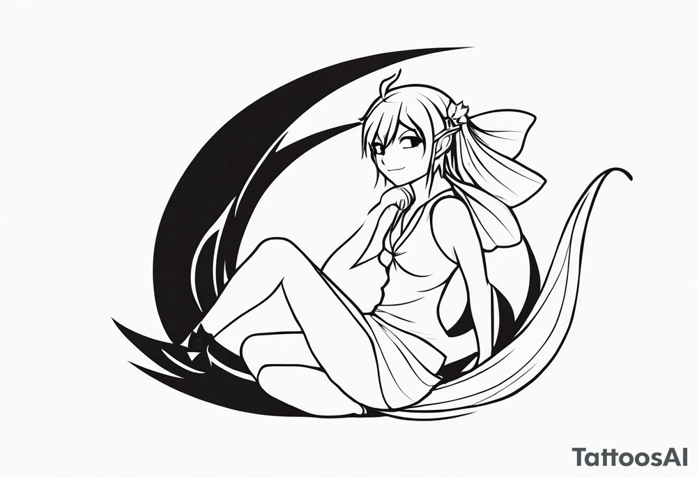 No color sketch of a fairy with a tail inspired by the guild symbol in the anime show called Fairy Tail in a fetal position leaning in and forward while crawled in tattoo idea
