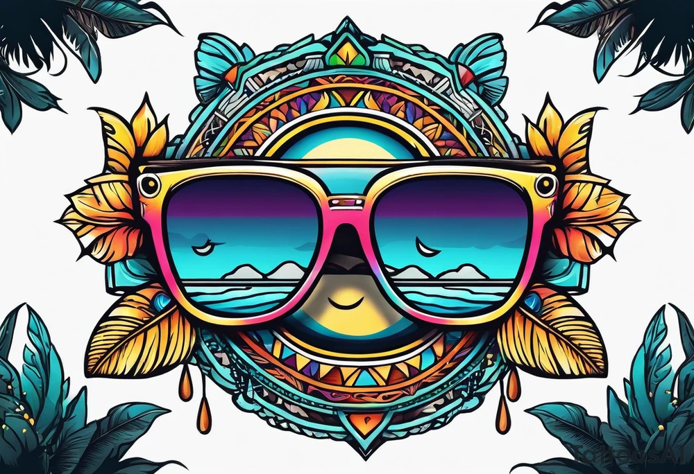 Colorful Mayan sunglasses reflecting water and bats tattoo idea Colorful Mayan sunglasses reflecting water and bats tattoo idea