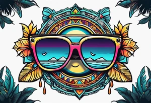 Colorful Mayan sunglasses reflecting water and bats tattoo idea