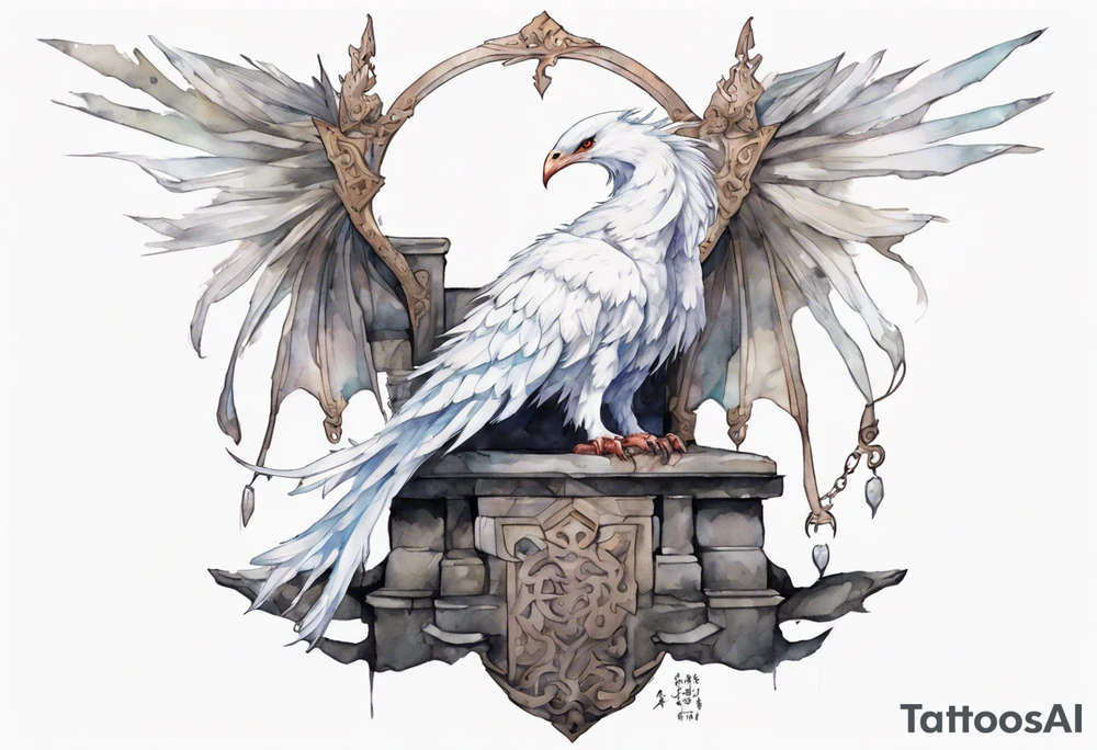 a white bird-wyvern hybrid wearing a plain iron diadem, perched on a stone throne tattoo idea