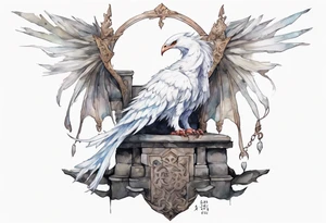 a white bird-wyvern hybrid wearing a plain iron diadem, perched on a stone throne tattoo idea