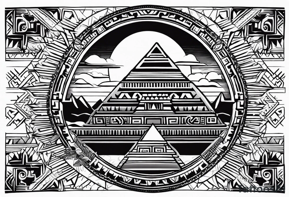 aztec sun background with pyramid in front with two aztec warriors on each side tattoo idea aztec sun background with pyramid in front with two aztec warriors on each side tattoo idea