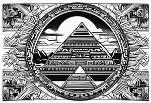 aztec sun background with pyramid in front with two aztec warriors on each side tattoo idea