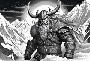 Norse mythology, ultra realism, Viking, war, battle, storm, chaos,  detailed, ragnarok, mountains, frost giant tattoo idea