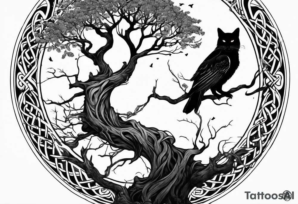 world tree with a cat and a raven and knotwork arm tattoo tattoo idea