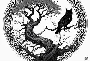 world tree with a cat and a raven and knotwork arm tattoo tattoo idea