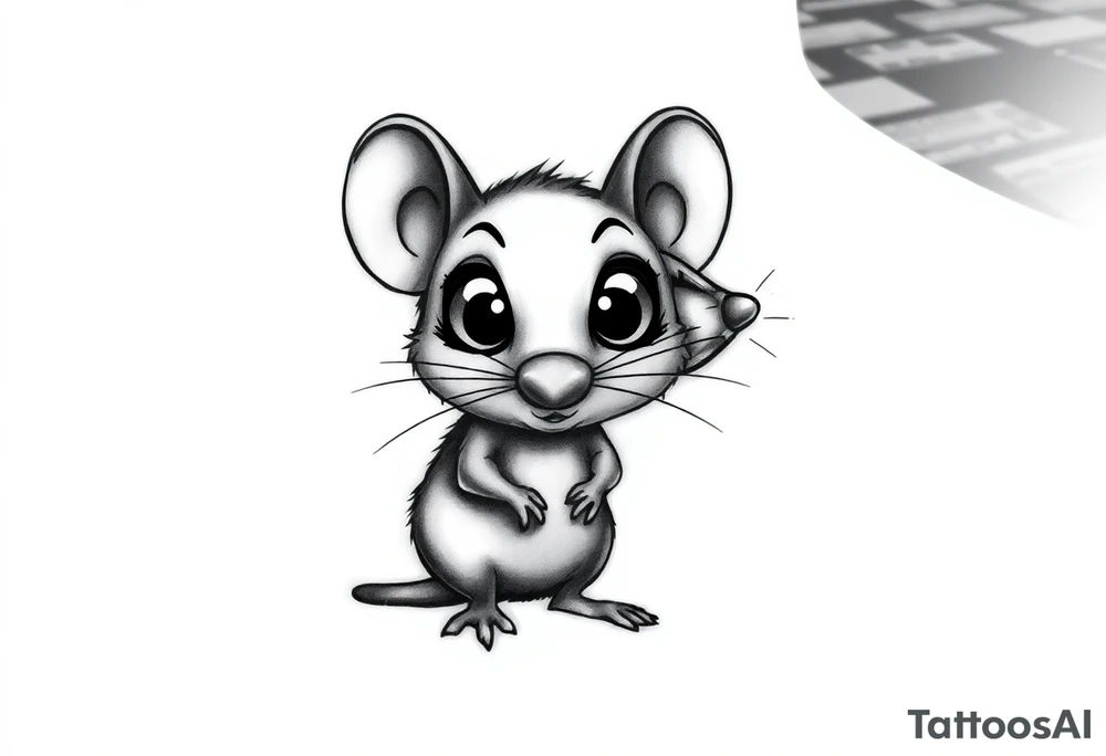 so--try it from the profile...a big head, big eyes, outside the head, big nose
A rat standing uprightwith all his body
Very large, bulging eyes popping out
A cheeky smile
Cartoon style, not baby-like

i like the first one, but try another position of the head tattoo idea