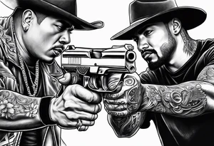 Chicano style 
city gangster guns shootout tattoo idea