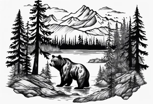 bear, forest, lake, appalachia, arm sleeve tattoo tattoo idea