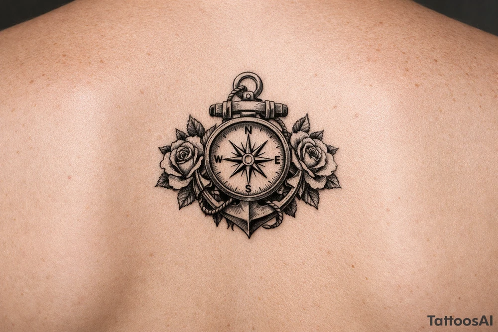 a compass,anchor,roses. tattoo idea