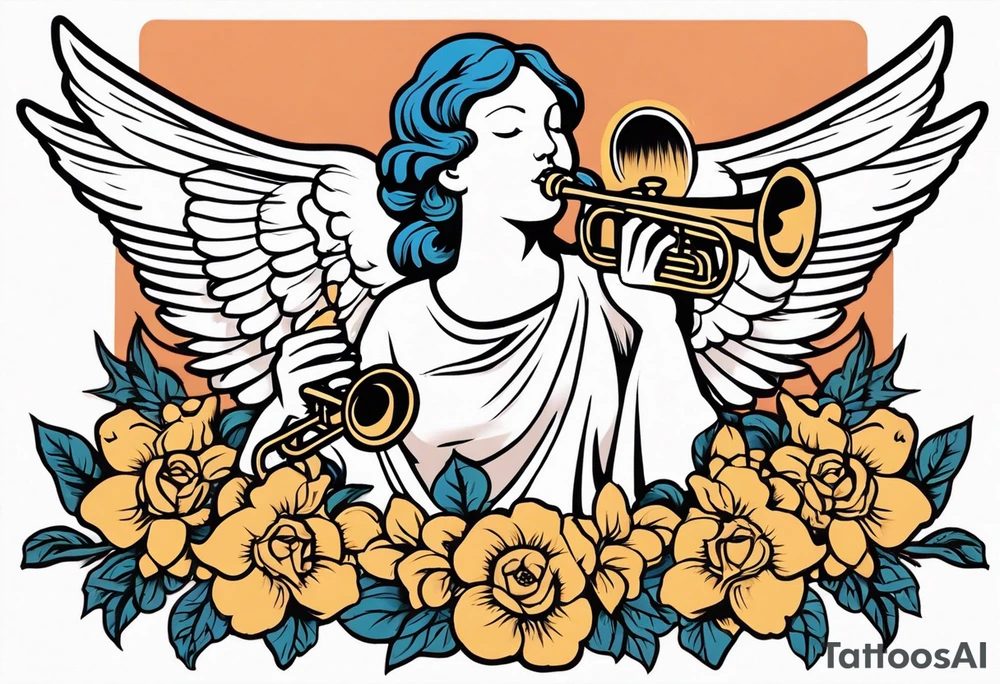 angel with trumpet
old school vintage simple traditional design with vintage flowers surrounding it bold color tattoo idea