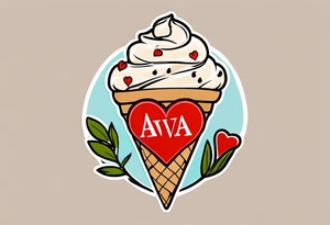 chocolate chip ice cream cone with the name Ava on the cone and one red heart tattoo idea