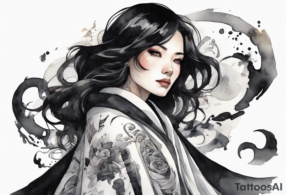 a 50-year-old black-haired woman dressed in a black and white cloak, at night tattoo idea
