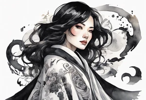 a 50-year-old black-haired woman dressed in a black and white cloak, at night tattoo idea