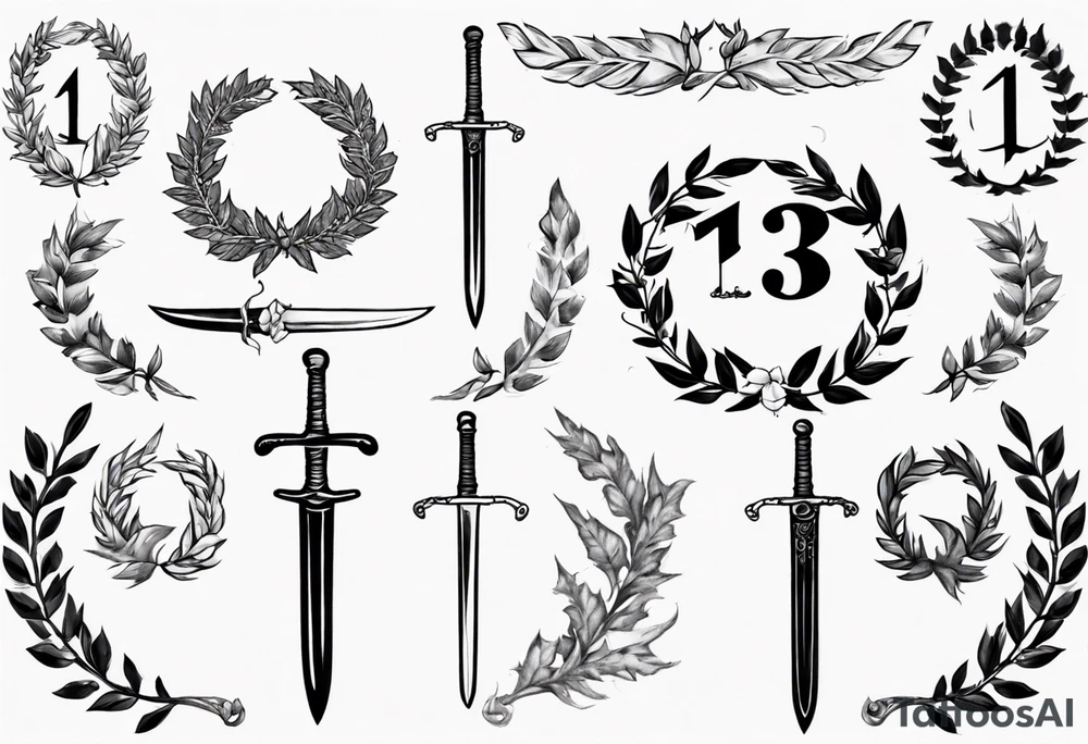 number 13, a laurel leaf wreath, and a Scottish sword tattoo idea