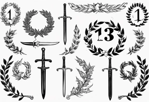 number 13, a laurel leaf wreath, and a Scottish sword tattoo idea