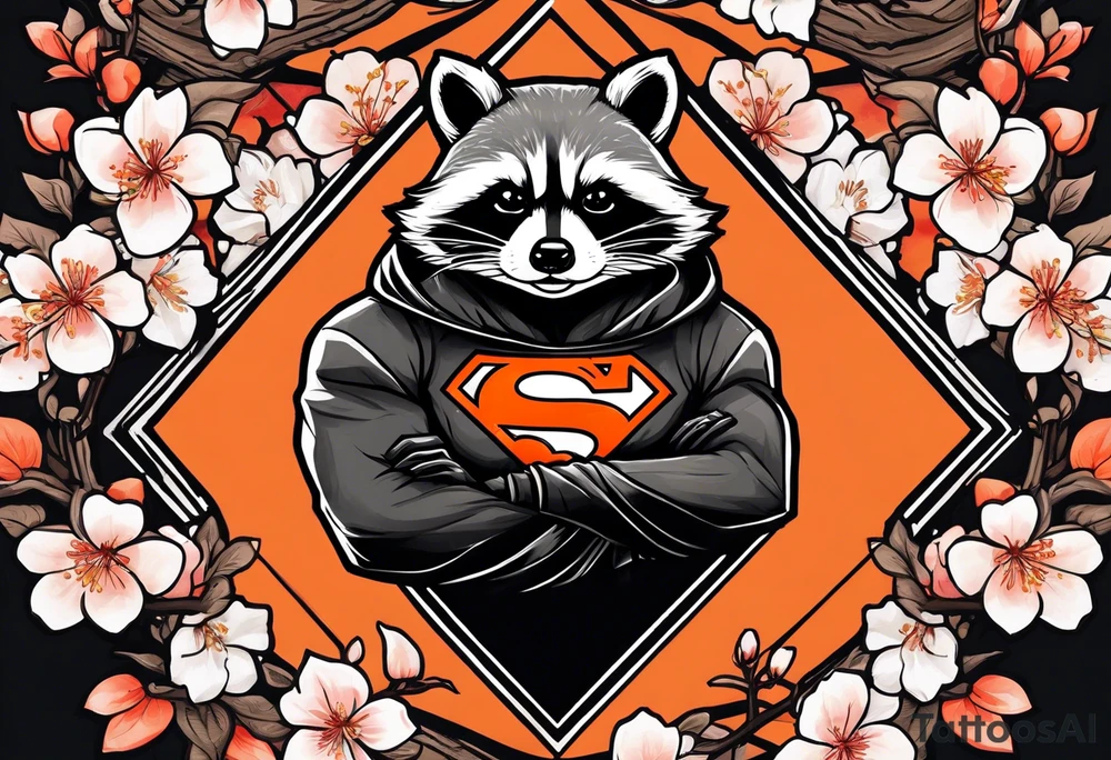 Raccoon wearing a white Superman logo on a black hoodie and orange Japanese cherry blossoms beside tattoo idea