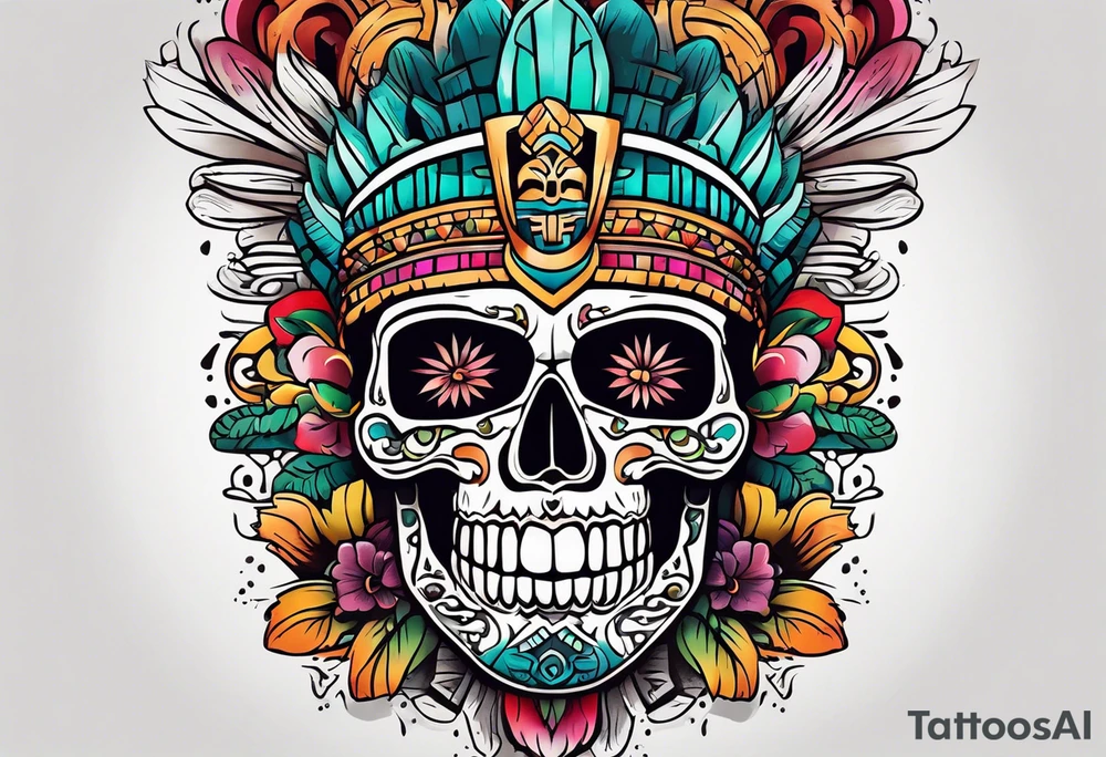 Colorful mayan skull hieroglyph with mouth as cave with water coming out tattoo idea