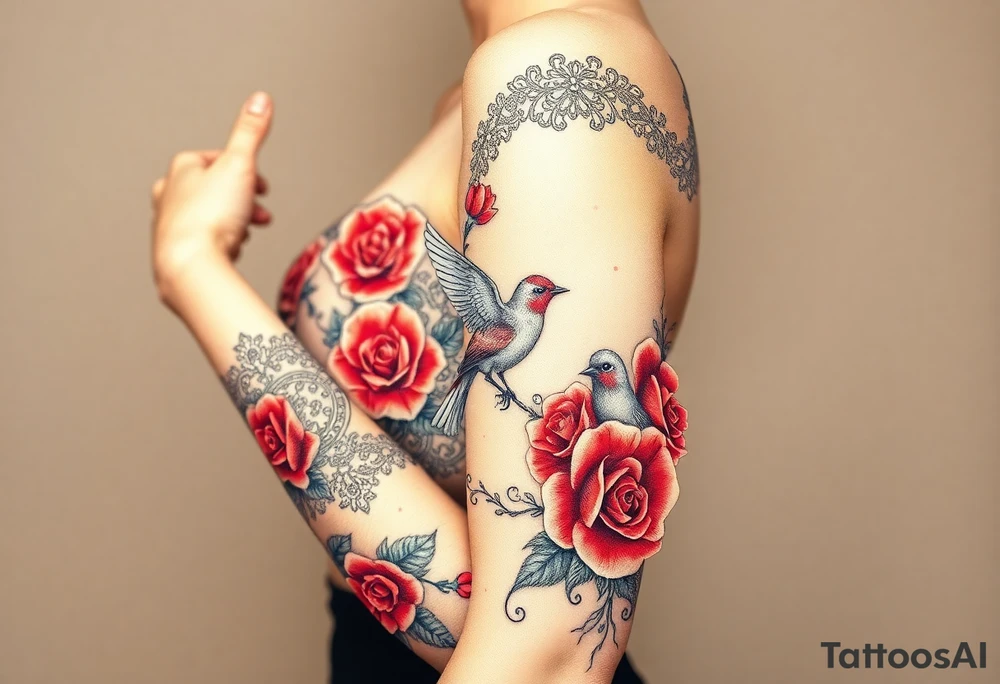Vintage dollies, red roses, lace, red bird, close together, very vintage tattoo idea