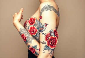 Vintage dollies, red roses, lace, red bird, close together, very vintage tattoo idea