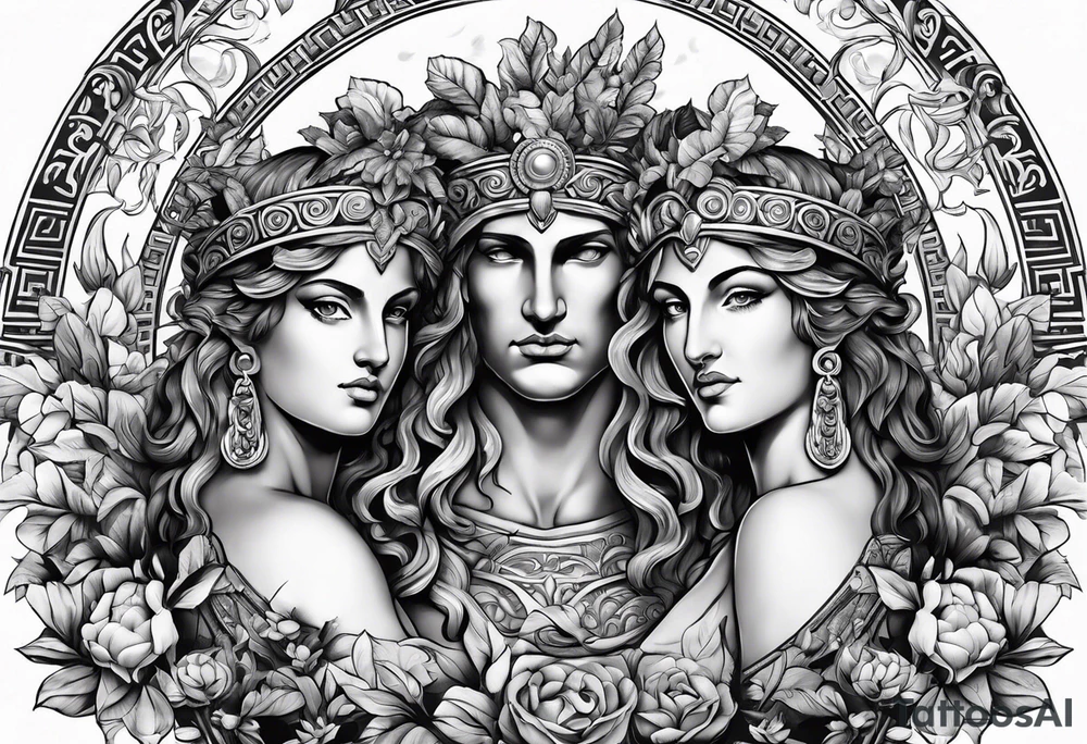 The greek gods Clio and Dionysos with their recognisable attributes tattoo idea