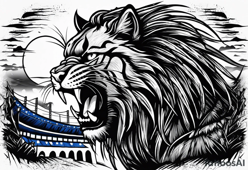 blue wildcat with long dreads under stadium football lights with a snarl on his face standing on a hill looking down at all his defeated opponents tattoo idea