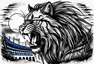 blue wildcat with long dreads under stadium football lights with a snarl on his face standing on a hill looking down at all his defeated opponents tattoo idea