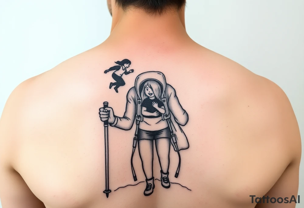 one line tattoo with a woman holding hiking poles and climbing, with a little girl inside her cheering for her inside her tattoo idea