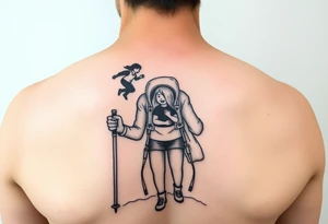 one line tattoo with a woman holding hiking poles and climbing, with a little girl inside her cheering for her inside her tattoo idea