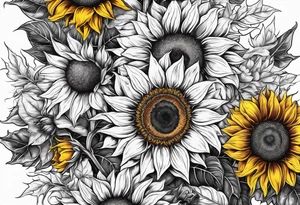 7 different species of sunflower laid out in 2 diagonal rows outline tattoo idea