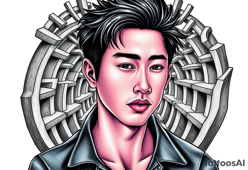 Handsome Asian young guy lost in labyrinth tattoo idea