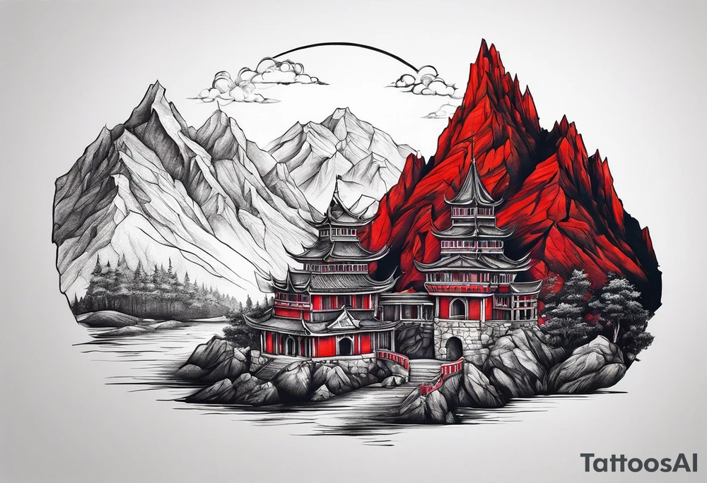 red mountains which there are two fantasies castles. tattoo idea