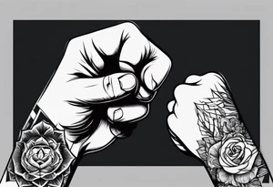 A clenched fist, the hand contains five fingers as specified, the tattoo is a back tattoo using negative space drawing techniques tattoo idea