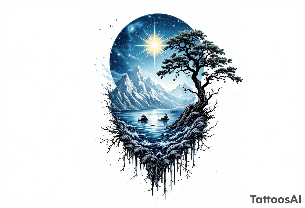 tattoo that has an acacia tree with mountains, ocean with a ship wreck with sharks and the northern star tattoo idea