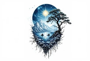 tattoo that has an acacia tree with mountains, ocean with a ship wreck with sharks and the northern star tattoo idea